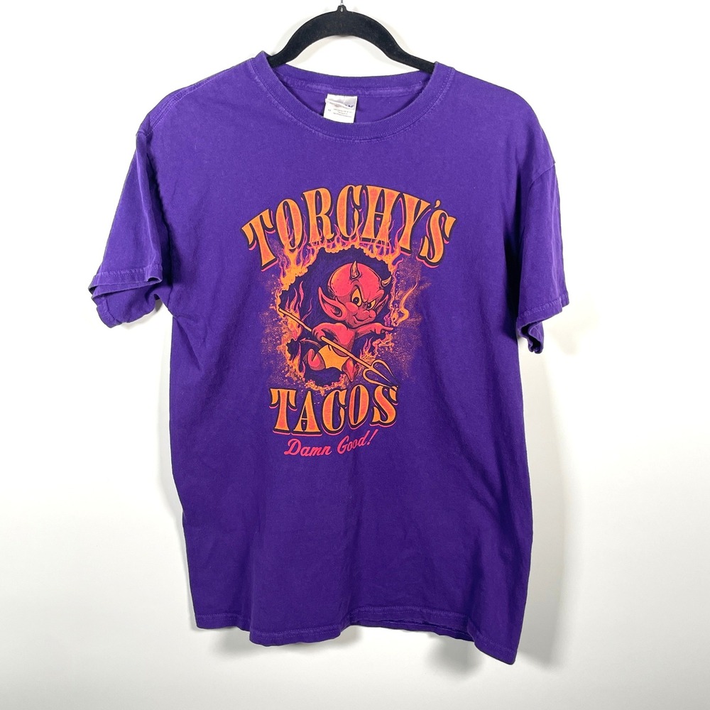 Gildan Torchy's Tacos Purple Graphic T-Shirt Mens M Devil Mascot Tee